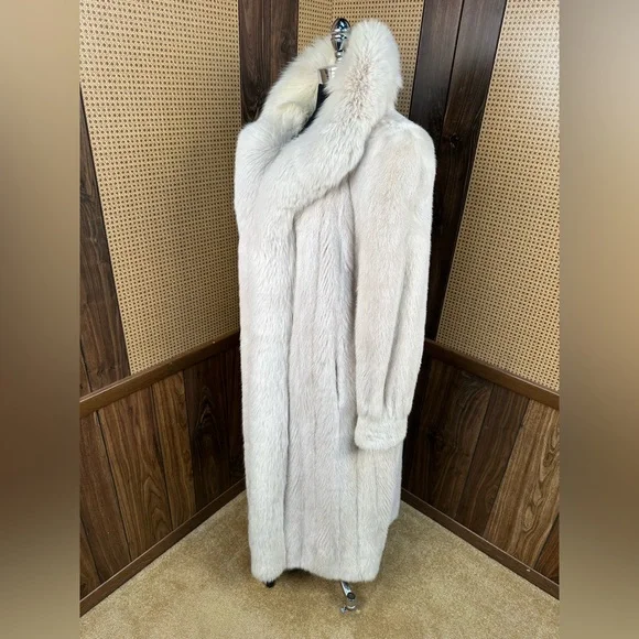 STUNNING VINTAGE FULL LENGTH IVORY CREAM MINK & FOX COLLAR FUR COAT JACKET XL - Picture 4 of 10
